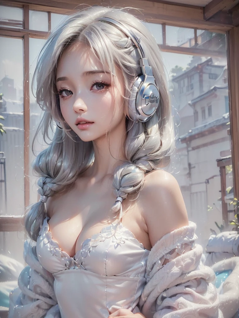 ((face, style)).((masterpiece:1.5))((alone、Woman wearing giant headphones:1.5、Detailed face、Big Eyes、Bright expression、small breasts, cleavage、Best Looks、Ultimate beauty、Shiny silver hair with highlights、明るい and shiny hair,、Modern Hairstyles、Hair dancing in the wind))(morning、indoors)Please look away from here、Beautiful profile、winter
