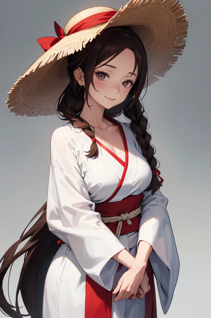 Generate an anime-style image in Masashi Kishimoto's art featuring a mature white woman around 40 with a gently marked chin, sporting a serene smile. She wears a white kimono with red details, tied with a red obi. Exposed shoulder and slightly muscular arms showcase tightly wound white bandages, present on her hands and feet for protection or support. The character has long brown hair in a braided style and wears the traditional Hokage hat from the Naruto series on her head