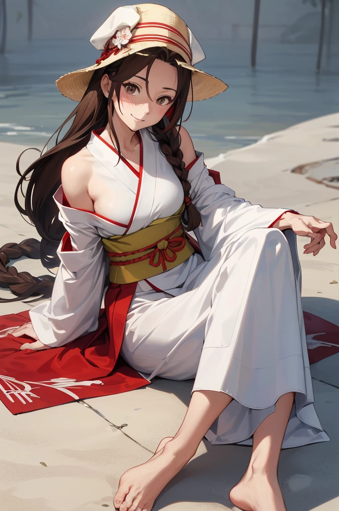 Generate an anime-style image in Masashi Kishimoto's art featuring a mature white woman around 40 with a gently marked chin, sporting a serene smile. She wears a white kimono with red details, tied with a red obi. Exposed shoulder and slightly muscular arms showcase tightly wound white bandages, present on her hands and feet for protection or support. The character has long brown hair in a braided style and wears the traditional Hokage hat from the Naruto series on her head