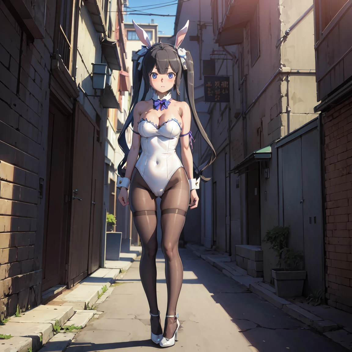 misakiao, 1girl, masterpiece, highly detailed, absurdres, illustration, game cg, solo, hair ribbon, looking at viewer, blush, city street, (bunny), bunny ears, strapless leotard, detached collar, pantyhose, high heels, standing, tan skin,