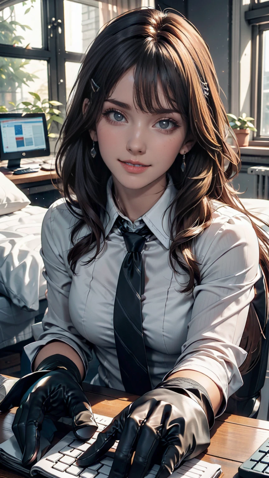 masterpiece, Highest quality, Twitch-chan, Hair Clip, hair ornaments, Collared shirt, No sleeve, tie, gloves, sitting behind a desk, View your viewers, smile, wave hands, bedroom, bed, computer mouse, keyboard