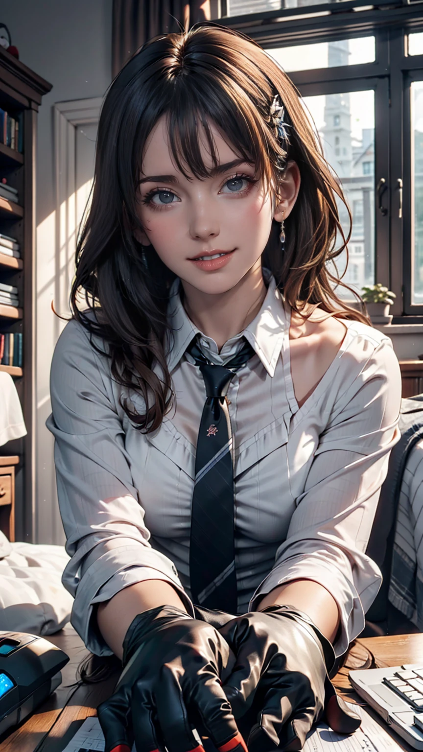 masterpiece, Highest quality, Twitch-chan, Hair Clip, hair ornaments, Collared shirt, No sleeve, tie, gloves, sitting behind a desk, View your viewers, smile, wave hands, bedroom, bed, computer mouse, keyboard 