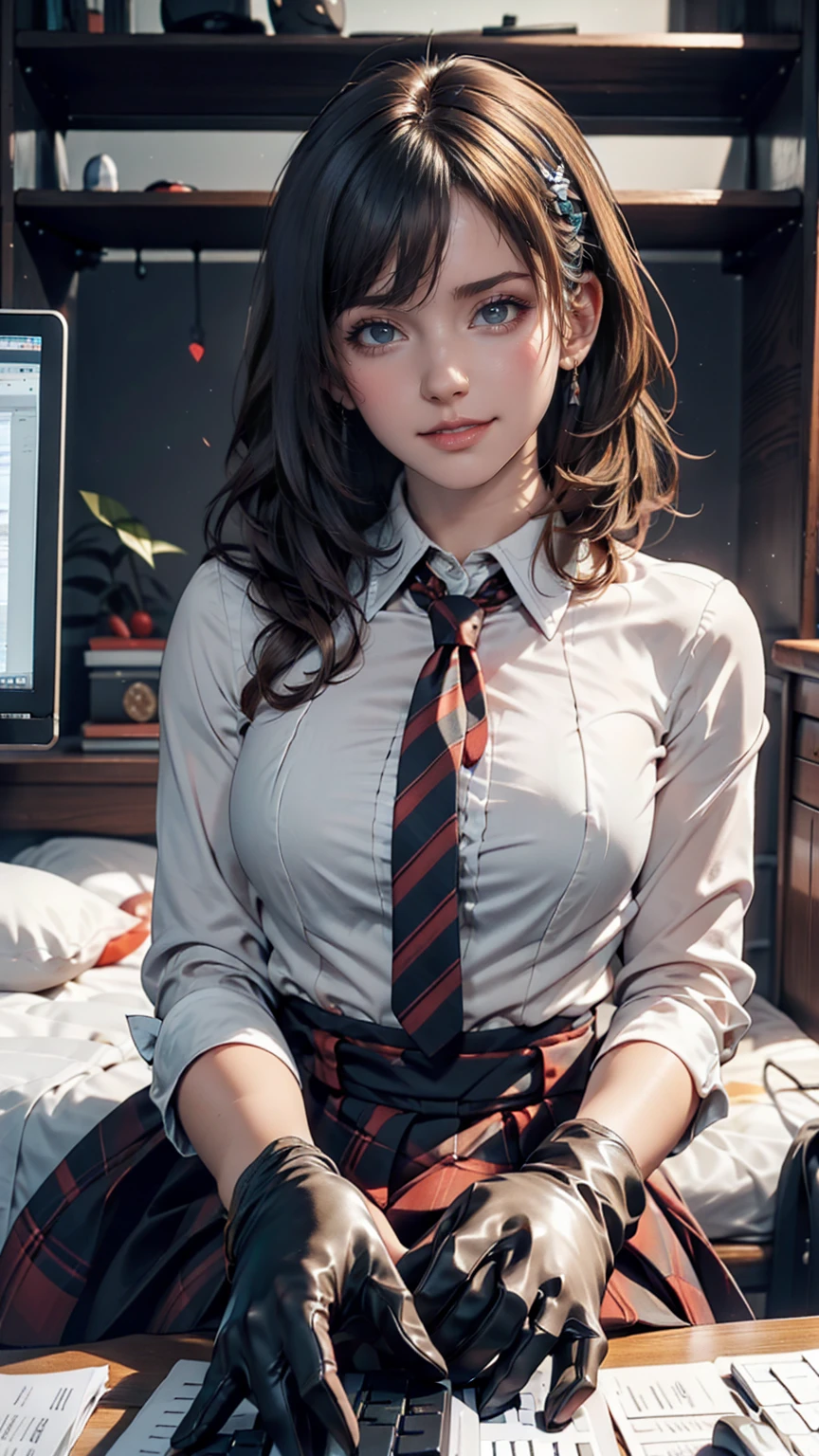 masterpiece, Highest quality, Twitch-chan, Hair Clip, hair ornaments, Collared shirt, No sleeve, tie, gloves, sitting behind a desk, View your viewers, smile, wave hands, bedroom, bed, computer mouse, keyboard