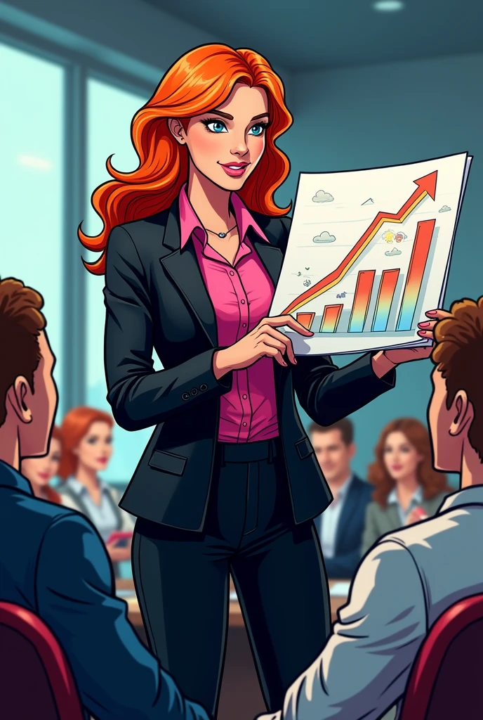 Comic style image of a woman with orange hair, black suit and pink shirt showing a graph in his hand to people, which highlights the growth of startups thanks to innovation.