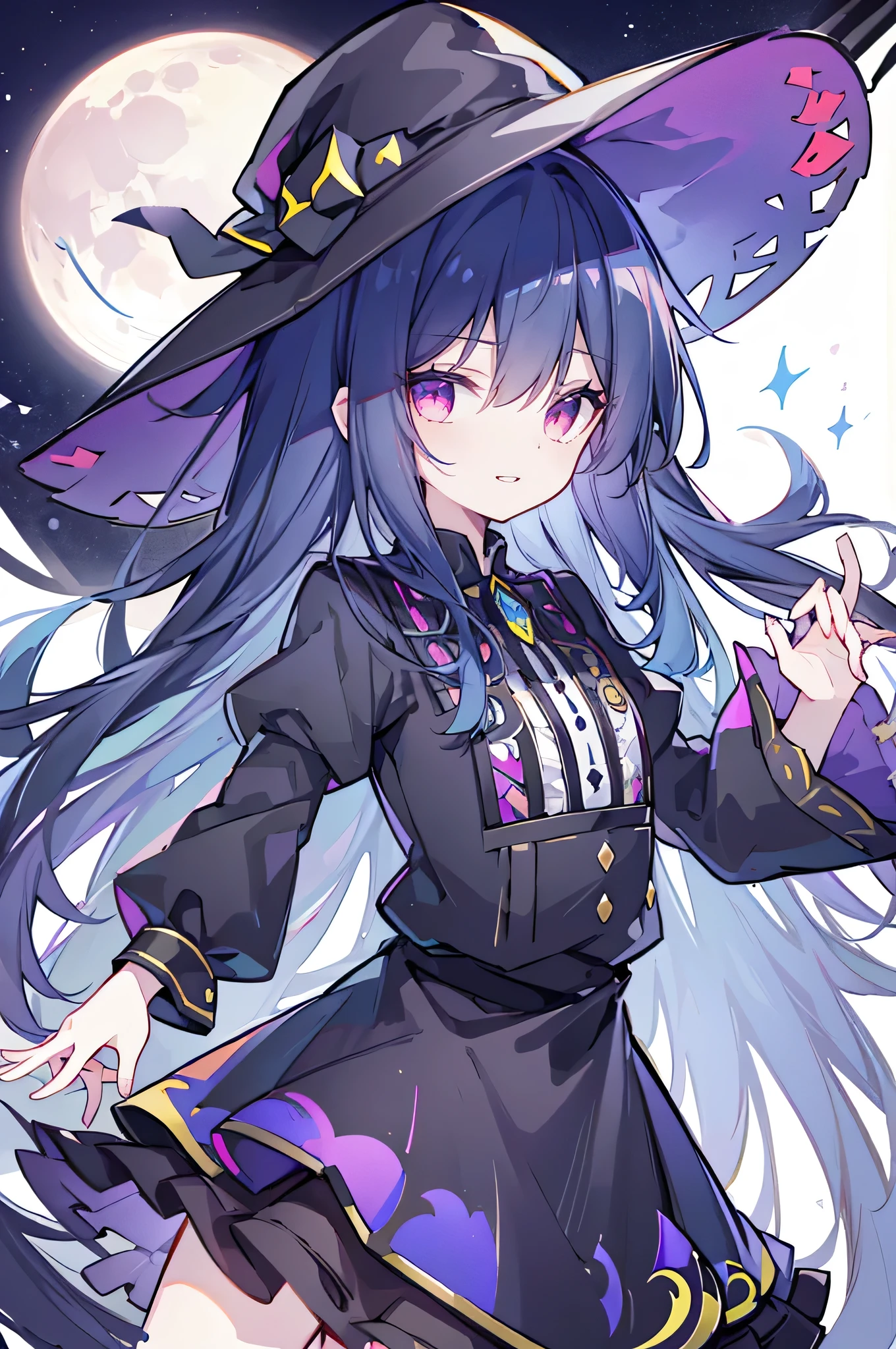 oung Girls,Humanity,A magician always smiles,big witch hat,cute,dark blue long hair,The eyes are dull,The bangs are heavy,Thin eyebrows,fantasy,intake,Double teeth,Star Theme,Constellation pattern,Solid color clothetal decoration,cloak,A bit of a dark atmosphere,A little crazy smile,When the big moon shines outside at night,blood,Hair black star embellishment,Short tie,No nails,High waist skirt,Bell sleeves,Long-sleeved shirt,Black tie,low risk,gentlemen。Mist、Yellow and white effect,Shocking pink as an accent color