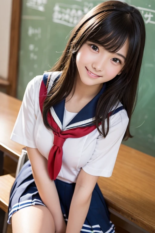 (Highest quality,masterpiece:1.3,Ultra-high resolution),(Very detailed、Caustics) (Realistic:1.4, RAW shooting、)Ultra-Realistic Capture、Very detailed、Natural skin texture、masterpiece、(junior high school sailor suit:1.3)、Short-sleeved sailor uniform、1 Japanese girl、Adorable expression、Expressions of happiness、18years old、Young Face、Amazingly beautiful、、straight、Long Hair、Black Hair、light makeup、Breasts so big that they almost burst、Bare arms、This photo was taken in a middle school classroom...、Shining thighs、Shooting from the side、A modest smile、An inviting gaze、The exact number of fingers on each hand、Cowboy Shot、