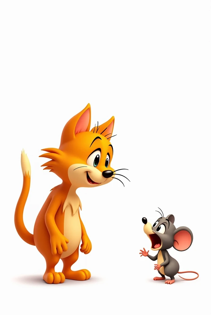 The big orange cat talking, asking a question to the scared and fearful little mouse, animated like the cartoons, on a white background
