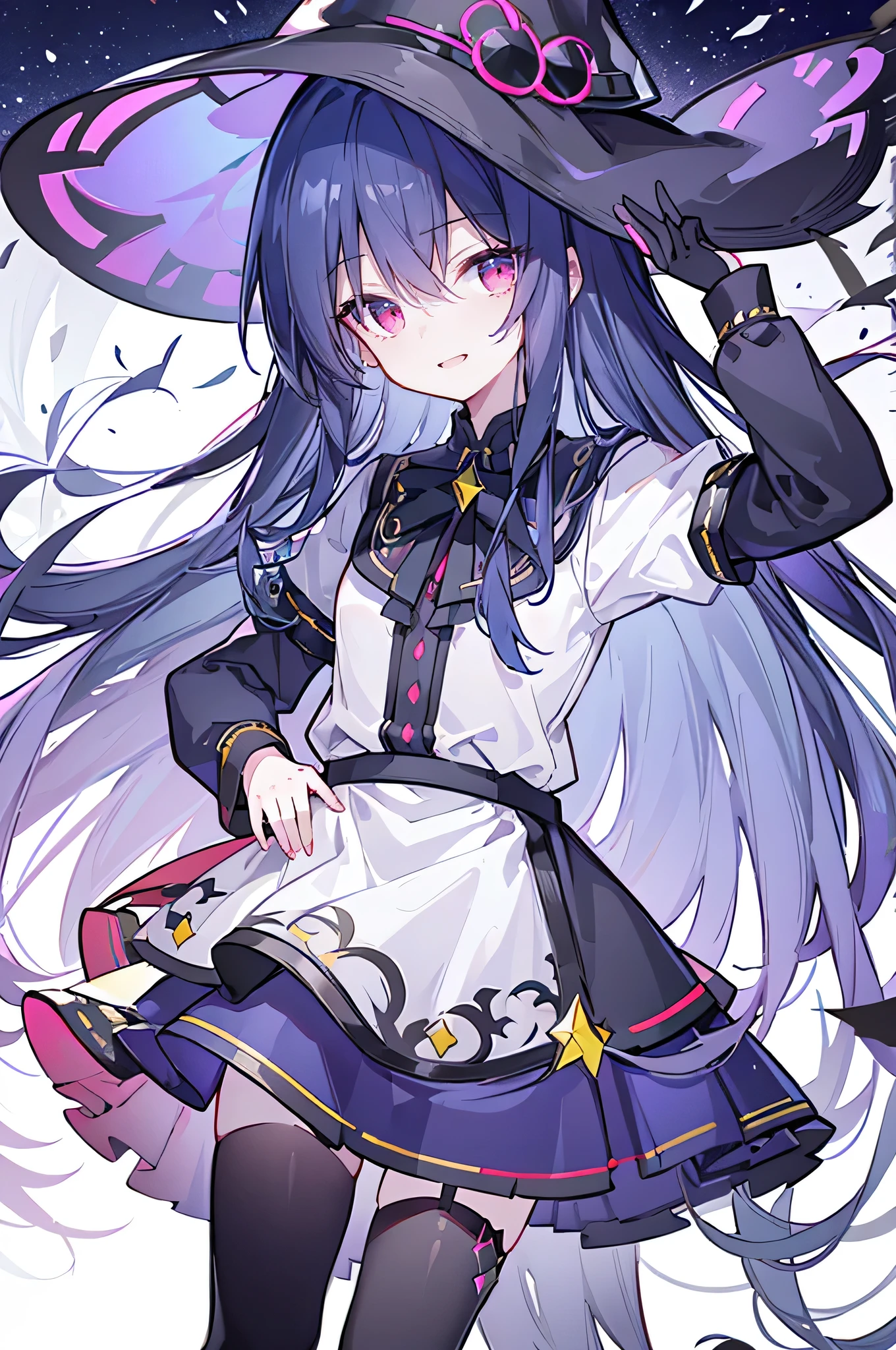 oung Girls,Humanity,A magician always smiles,big witch hat,cute,dark blue long hair,The eyes are dull,The bangs are heavy,Thin eyebrows,fantasy,intake,Double teeth,Star Theme,Constellation pattern,Solid color clothetal decoration,cloak,A bit of a dark atmosphere,A little crazy smile,When the big moon shines outside at night,blood,Hair black star embellishment,Short tie,No nails,High waist skirt,Bell sleeves,Long-sleeved shirt,Black tie,low risk,gentlemen。Mist、Yellow and white effect,Shocking pink as an accent color