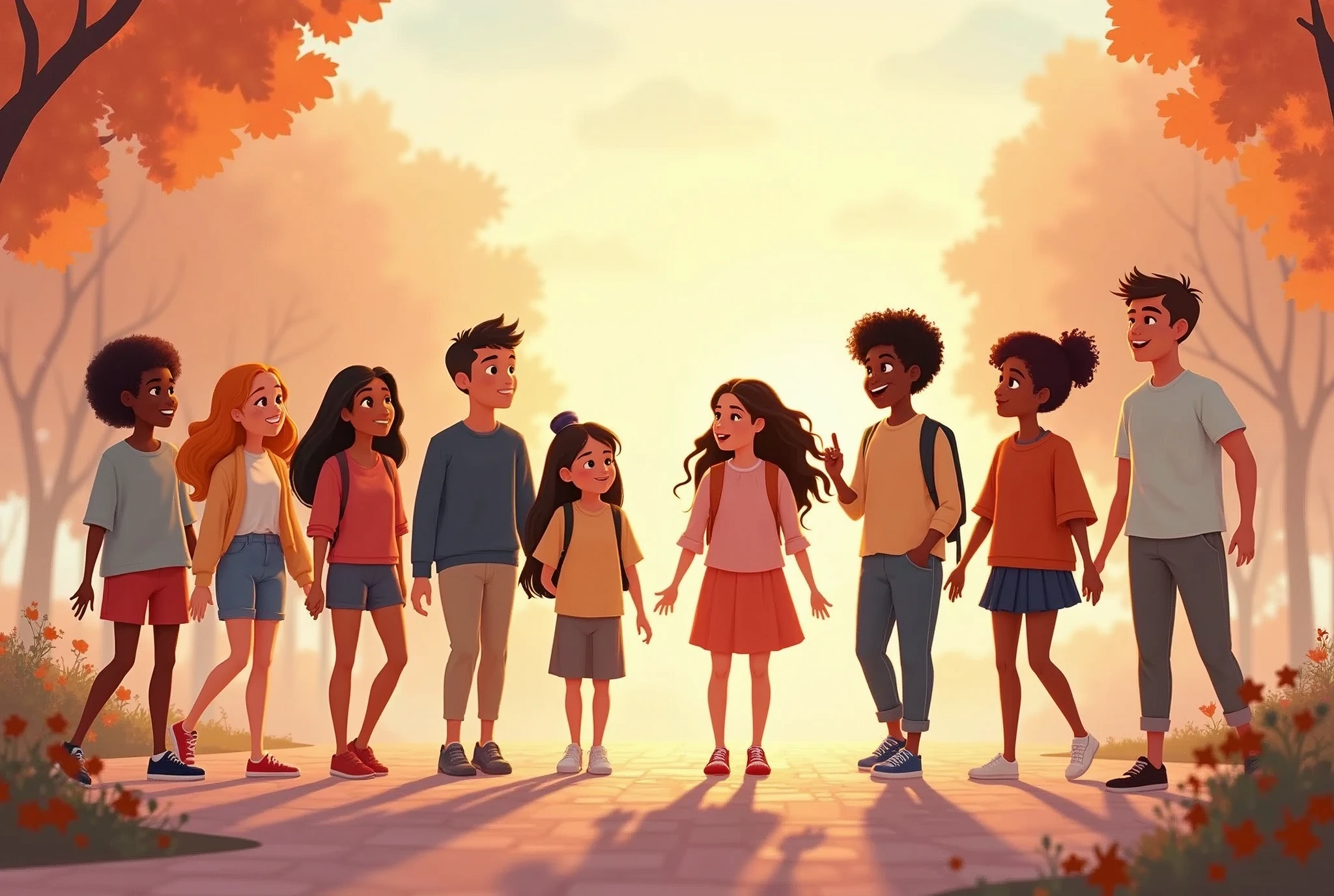 The image depicts young people of various ethnicities with a hopeful posture., symbolizing that youth is the future. They are walking or talking. The soft colors and space to insert a message add an inspiring touch.  The image should have a Disney Pixar cartoon style
