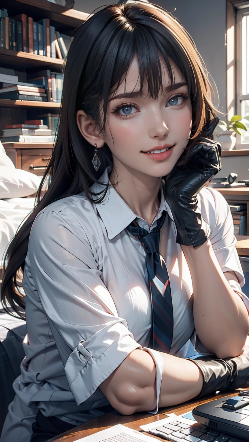 masterpiece, Highest quality, Twitch-chan, Hair Clip, hair ornaments, Collared shirt, No sleeve, tie, gloves, sitting behind a desk, View your viewers, smile, wave hands, bedroom, bed, computer mouse, keyboard