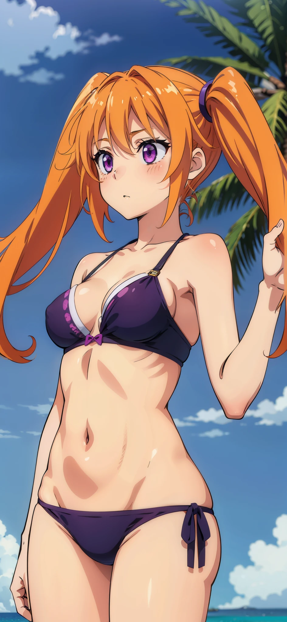 1 girl, 20-year-old, medium breasts, sleeveless, blushed, long hair,  orange hair, purple eyes, twintail , bikini , town