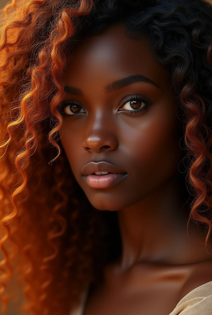 Black girl with long curly copper-colored hair and dark brown eyes
