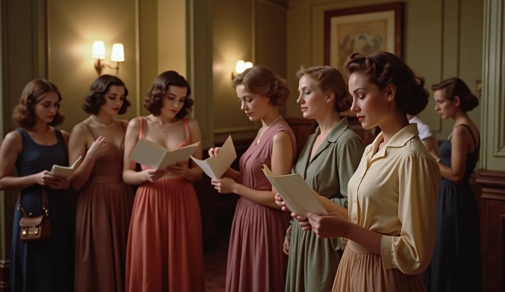 Hollywood in the 1930s, a cinematic technicolor shot, a group of young women standing in line for an audition in a theater lobby, they are studying their scripts