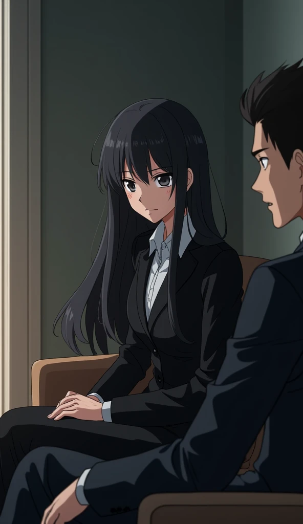 ((A woman with long hair)),Sitting on the sofa,Disappointed eyes,Black Hair,Suits,A handsome man next to,quarrel,Japanese anime style