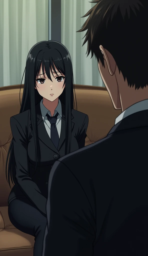 ((A woman with long hair))，Sitting on the sofa，Disappointed eyes，Black Hair，Suits，A handsome man next to，quarrel，Japanese anime style