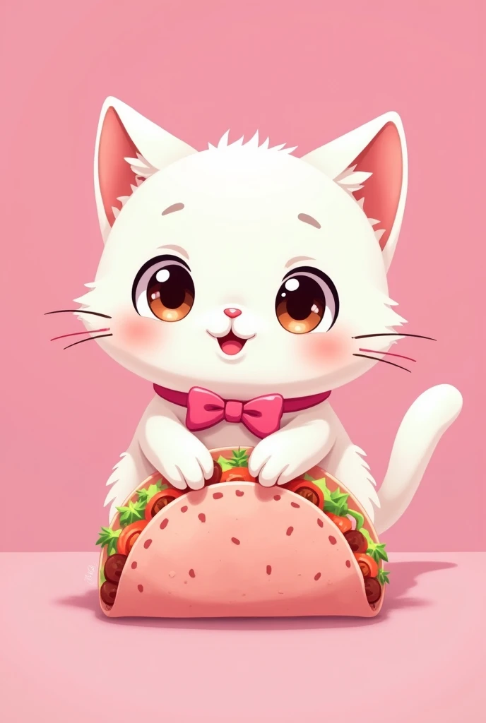 Cat with a pink ribbon collar hello kitty style white eating a pink tortilla taco anime style in the shape of a logo with a pink background