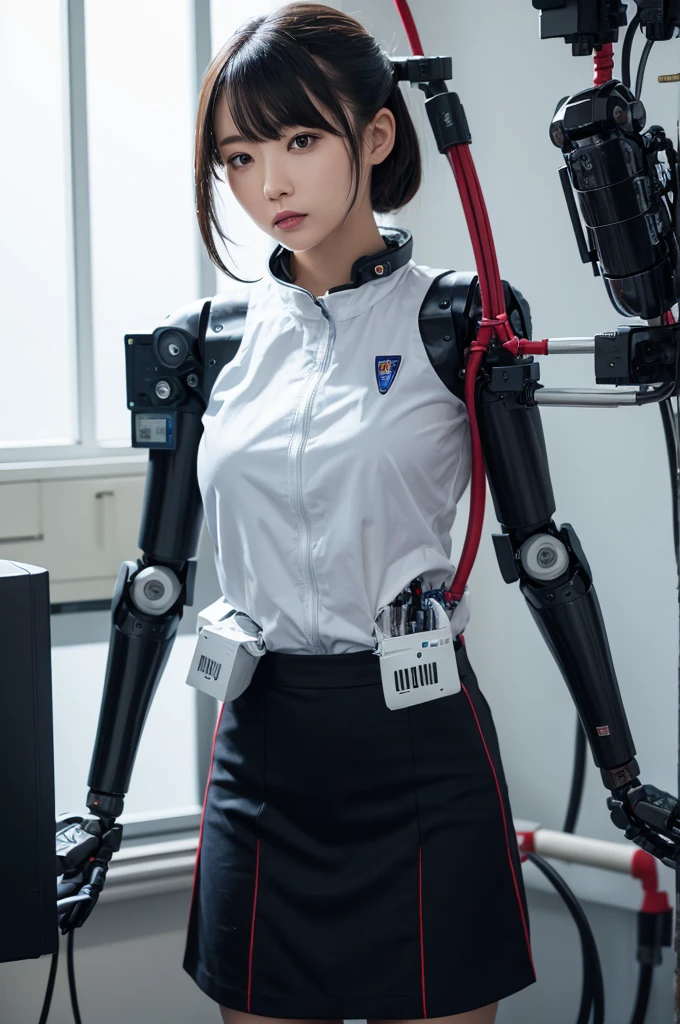 masterpiece, best quality, extremely detailed, Japaese android girl,Plump , control panels,android,Droid,Mechanical Hand, Robot arms and legs, Black hair,Blunt bangs,perfect robot girl,long tube,thick cable connected her neck,android,robot,humanoid,cyborg,japanese cyborg girl ,future laboratory,connecting a cable between the legs,skirt, high socks