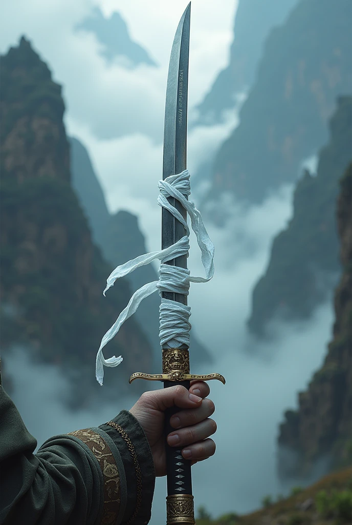Katana with the blade covered in white bandages. (Use a fantasy art style)