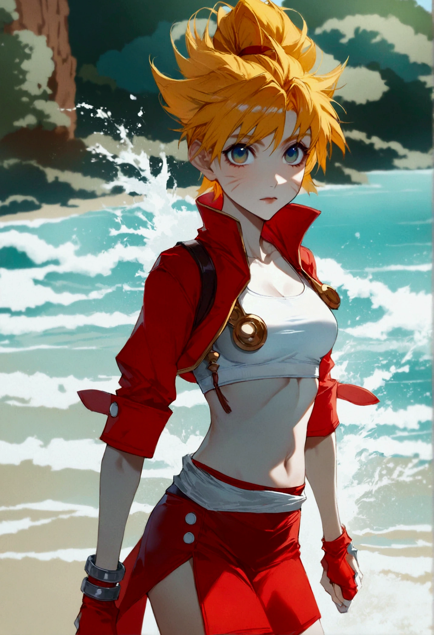 (Whole body view), (Kid from Chrono Cross:1.4), (chrono cross Kid:1.4), yellow hair in high ponytail braid, big sapphire blue eyes, tight red micro skirt with high front slit, (red micro skirt:1.3), high cropped red jacket with short sleeves, (red jacket:1.3), 3/4 cropped short-sleeved jacket, wearing skin-tight white sports bra under jacket, (tight white sports bra), loose leather ankle boots, very slender toned frame, medium bust, pale white skin, (pair of white claw marks on both inner thighs) , fierce expression, 1/4 walking pose, on a white sand beach with ocean spray shooting up behind her