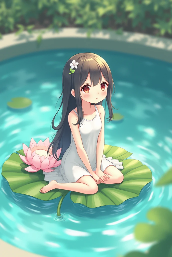 There was a girl sitting on a leaf., (white clothes), Live tones, There are plush toys., Gouveza style artwork, Popular in cgstation, Painted by Li Song, Soft Anime, Lying on a lotus mat, sitting on a lotus, cute digital artและพิถีพิถัน, Cute art style, In the pool, Yang J., cute digital art, Goovitz, sitting by the pool