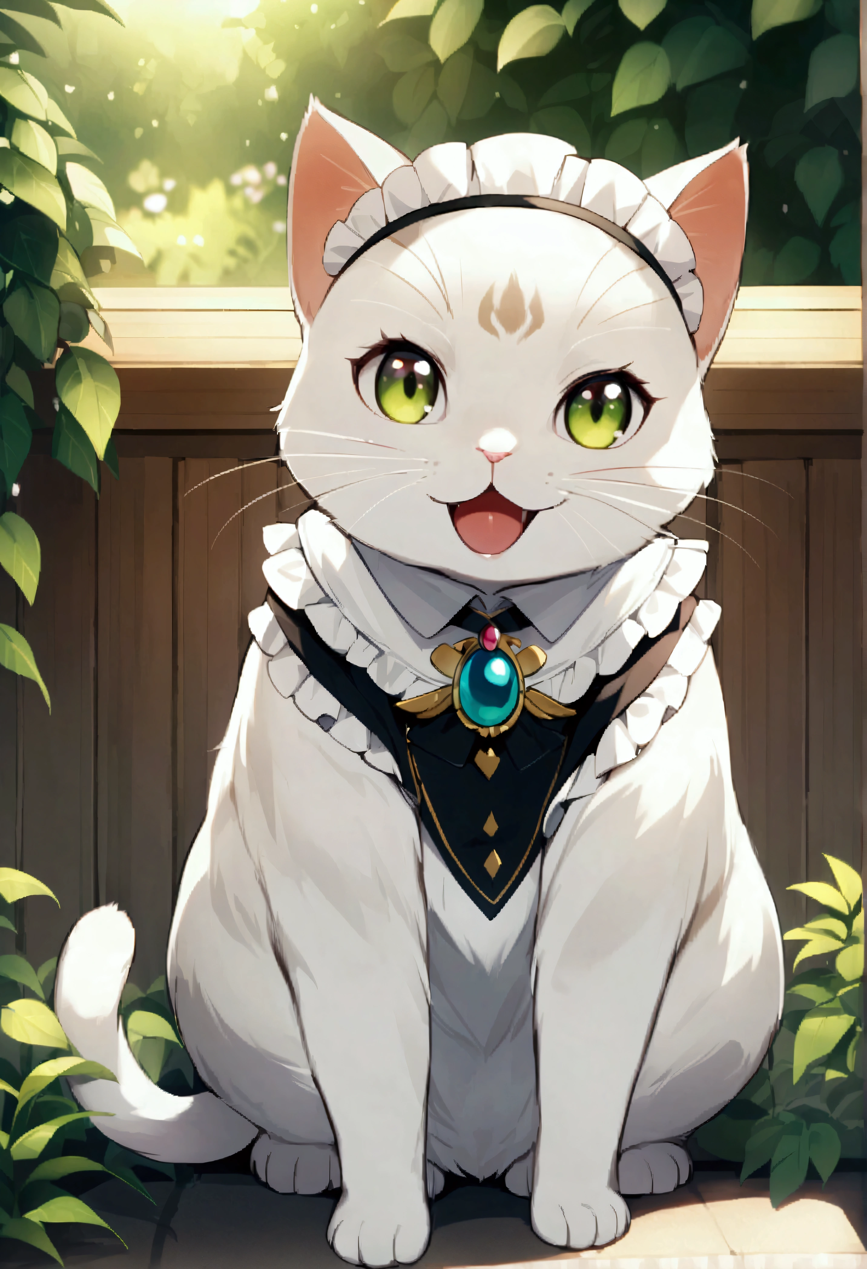 (Written by koorinezumi)、Kome_kome、solo、Staring at the audience、smile、Open your mouth、garden、whole body、:d、heart、No humans、Cat、brooch、Animal Focus、maid