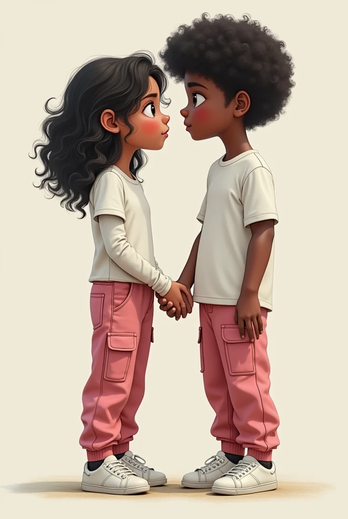 She is short and has dark wavy hair and a little white, she wears pink cargo pants and white sneakers and a white blouse. She is a teenager, 14 years old, and has a white long-sleeved blouse inside the blouse and is very beautiful. She is a bit dark-skinned but white. She has a white boy who is bigger than her and has curly hair, a little tall. They are exes, he is a soccer player.