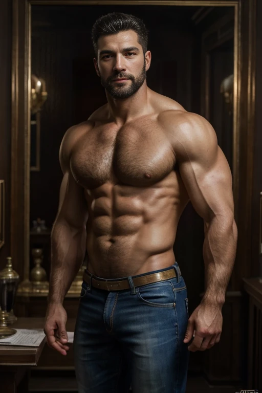 A portrait of characters [muscular 30 years old man from the Soviet Union, hairy body, Alpha male, huge biceps, defined abs, woolly fur, elegant, Jeans, black hood, White shoes, seductive smile, My hero] Autumn Park, 4k, high detailed, beautiful, Dark Age, arte de Stanley artgerm, by Daniel F. Gerhartz, by Pino Daeni, Very detailed, Sharp focus. Backside man backside 