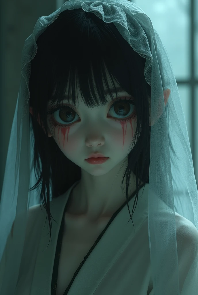 A young Japanese girl has a ghost story-like face
