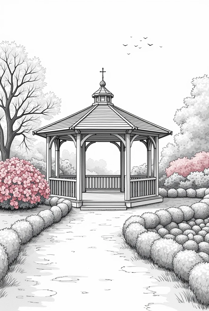 Line art English garden with a small pavilion in spring and bush of flowers