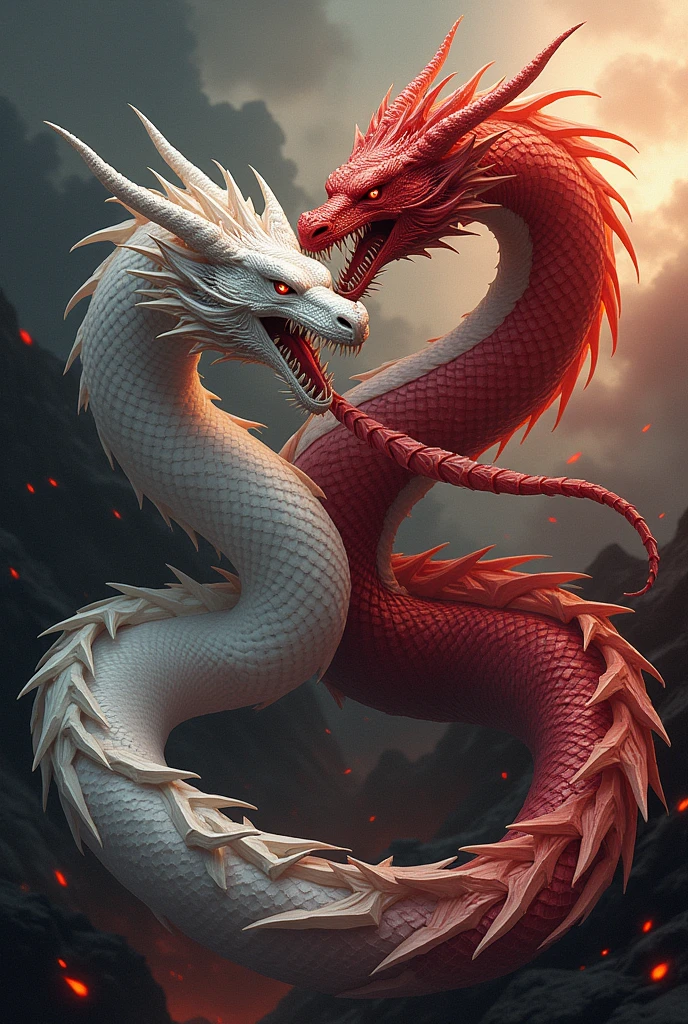 Create two dragons fighting in red, white and black