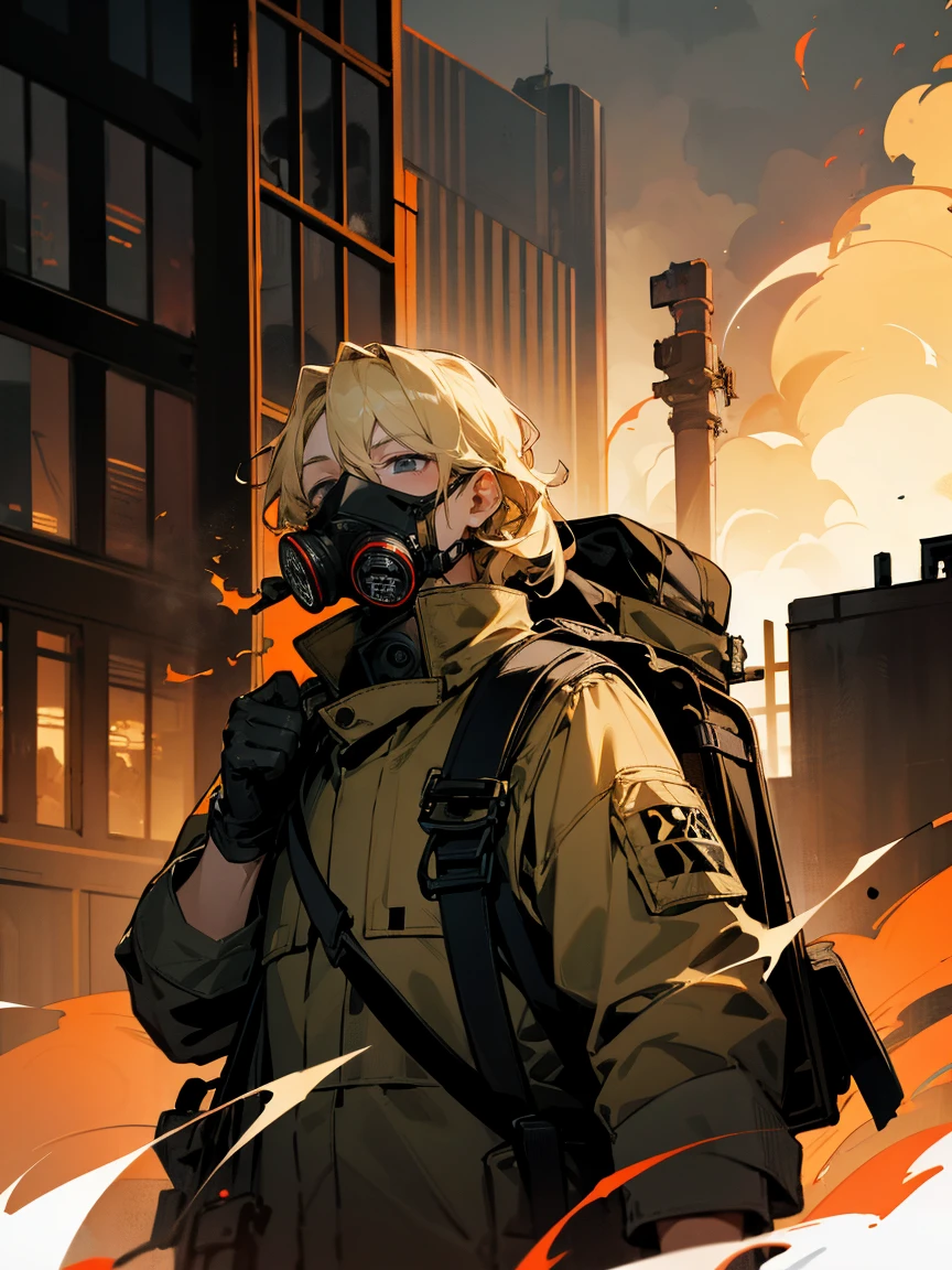 1male, gas mask, blonde hair wavy hair, adult, grey eyes, backpack, burning building, gloves