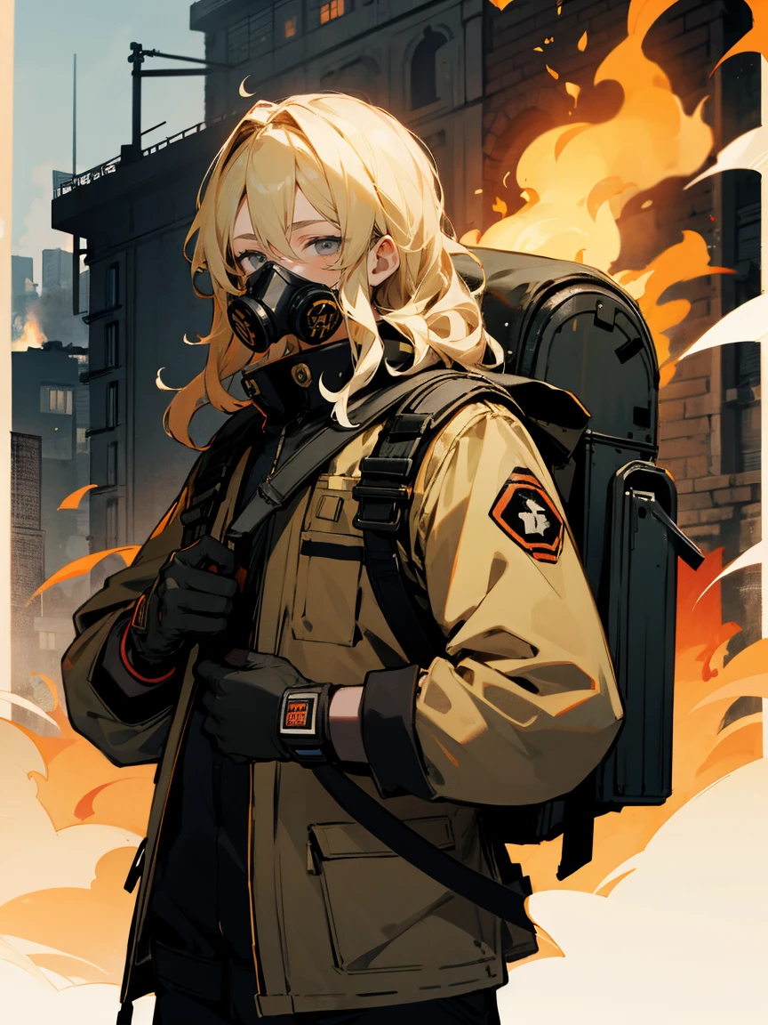 1male, gas mask, blonde hair wavy hair, adult, grey eyes, backpack, burning building, gloves