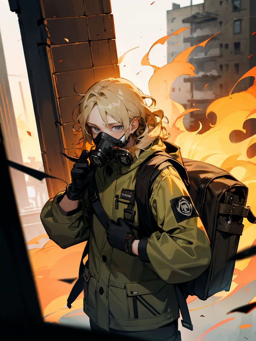 1male, gas mask, blonde hair wavy hair, adult, grey eyes, backpack, burning building, gloves