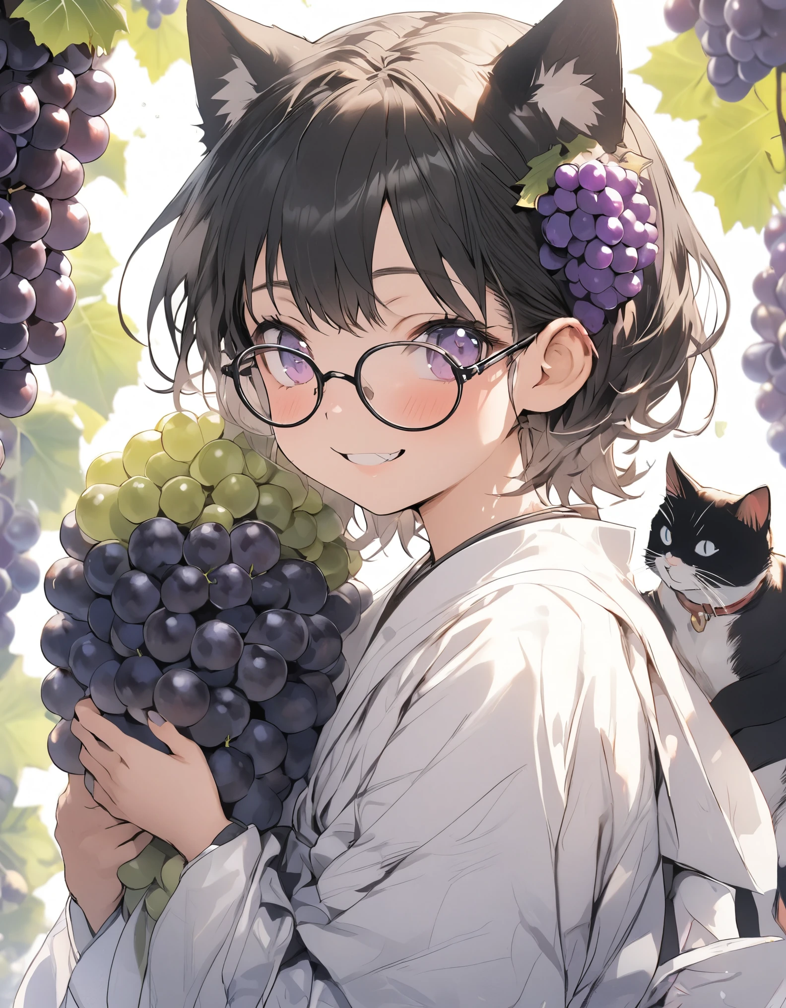 masterpiece、 girl、Black Hair、short Hair、grape hair ornament、((Cat ear))、smile、wearing glasses,(((Big grapes)))、Focus on the face, grapes background
