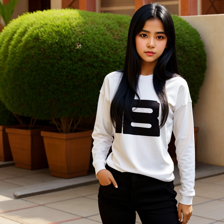body photo, beautiful detailed, cute face, short, Guanajuato teen, long black hair, black hair over one eye, long sleeve plain T-shirt, long pants, super wide hips, solo, 