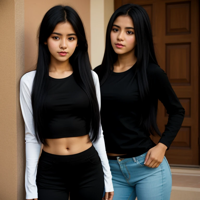 body photo, beautiful detailed, cute face, short, Guanajuato teen, long black hair, black hair over one eye, long sleeve plain T-shirt, long pants, super wide hips, solo,