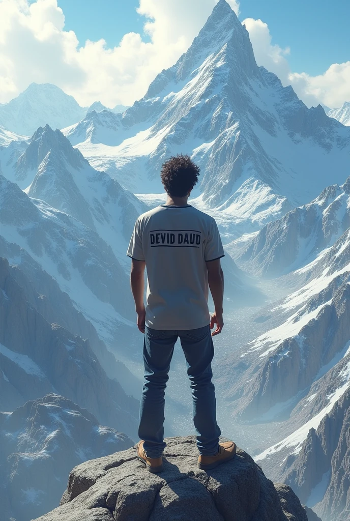 A man was on a high mountain and below him was a big city and on his shirt was written DEVID DAUD