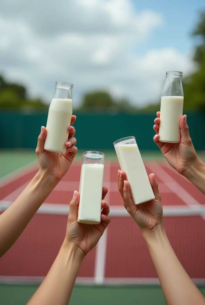 Tennis court background,Several people hold small boxes of milk and raise their glasses,Photography