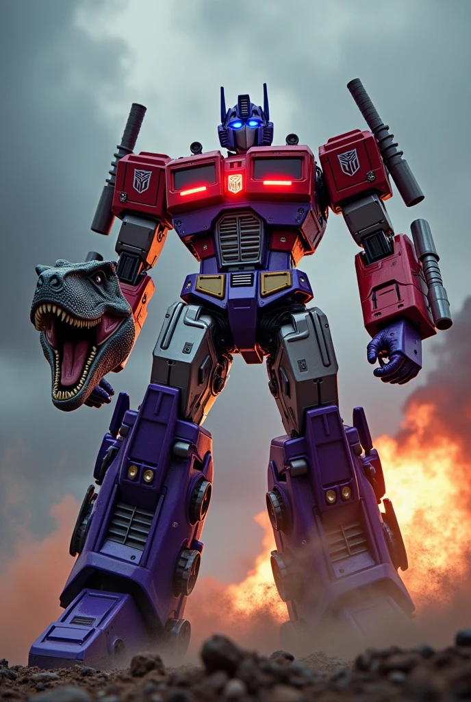 T-rexBig head on right hand. Purple robot. muscle robot. Full armour hulk buster. . iron man. Superman. Ultraman Red white armor. Mediva concept. Samurai Optimus Prime, robot warrior, leaping against dark cloudy sky, intense battle background, dynamic explosion effects, cinematic lighting, highly detailed, 8K, (best quality,4k,8k,highres,masterpiece:1.2),ultra-detailed,(realistic,photorealistic,photo-realistic:1.37),epic action scene,dramatic pose,intricate mechanical design,glowing energy,sparks,dust,devastation,cinematic angle,dramatic lighting