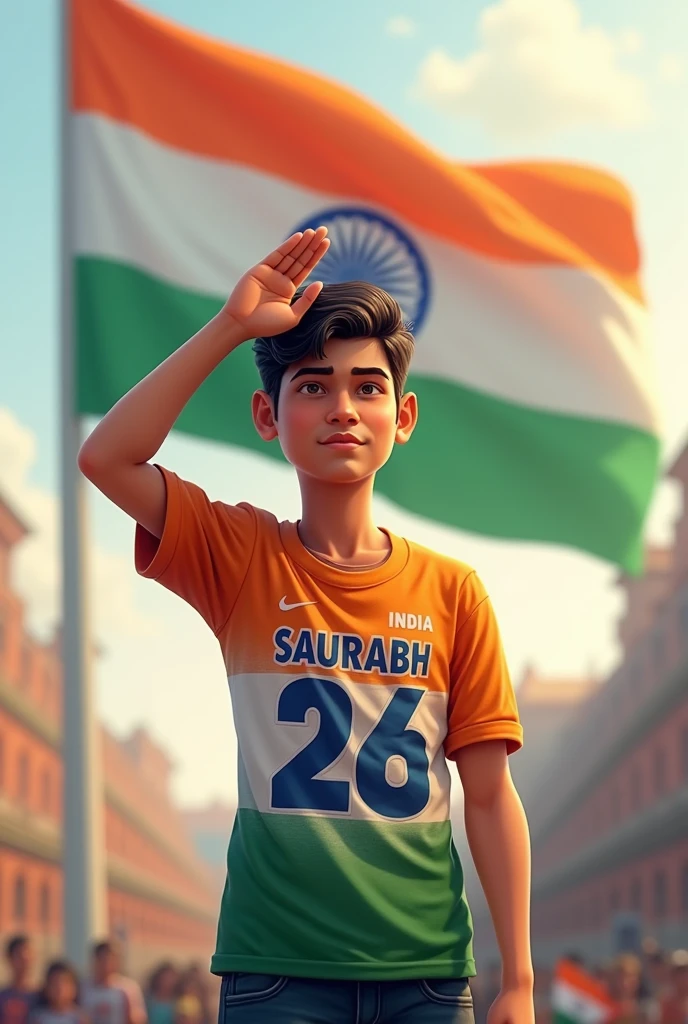 a 21 years old boy salutes the national flag of bharat and he is wearing a shirt print is like bharat flag and "SAURABH" and 26 number and republic day in small is written on it's back in big and bold fonts, 3d illustration