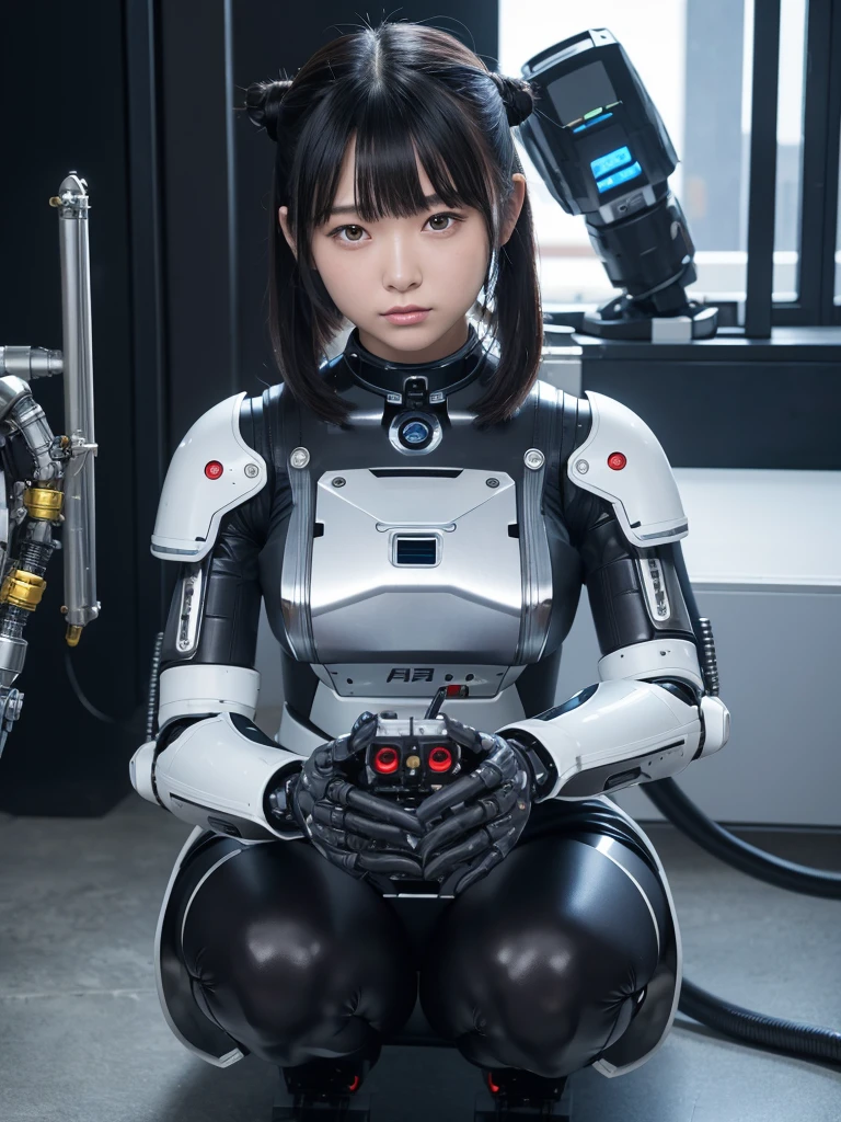 masterpiece, Highest quality, Very detailed, Japaese アンDroid girl,Portraiture,Plump,Thick,Control panel,アンDroid,Droid,Mechanical Hand, robotの腕と脚, Black Hair,Blunt bangs,perfect robot girl,Long tube,A thick cable was attached to her neck.,アンDroid,robot,humanoid,cyborg,japanese cyborg girl ,robot-assembly plant,She is now assembling,Assembly scene,Chubby,Squat