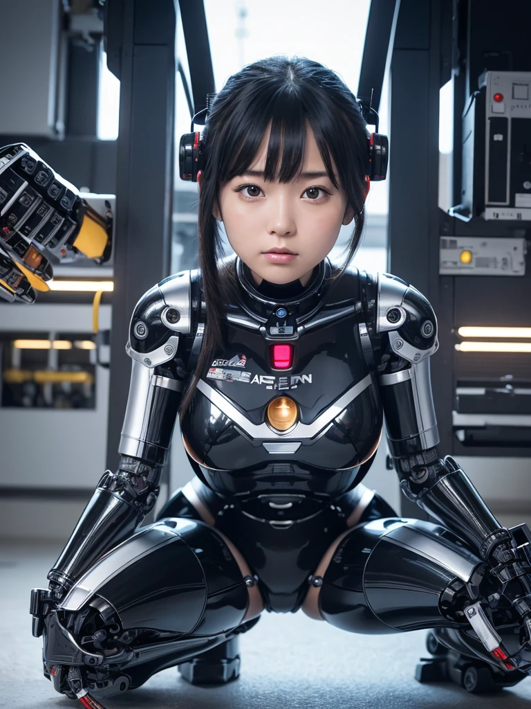 masterpiece, Highest quality, Very detailed, Japaese アンDroid girl,Portraiture,Plump,Thick,Control panel,アンDroid,Droid,Mechanical Hand, robotの腕と脚, Black Hair,Blunt bangs,perfect robot girl,Long tube,A thick cable was attached to her neck.,アンDroid,robot,humanoid,cyborg,japanese cyborg girl ,robot-assembly plant,She is now assembling,Assembly scene,Chubby,Squat