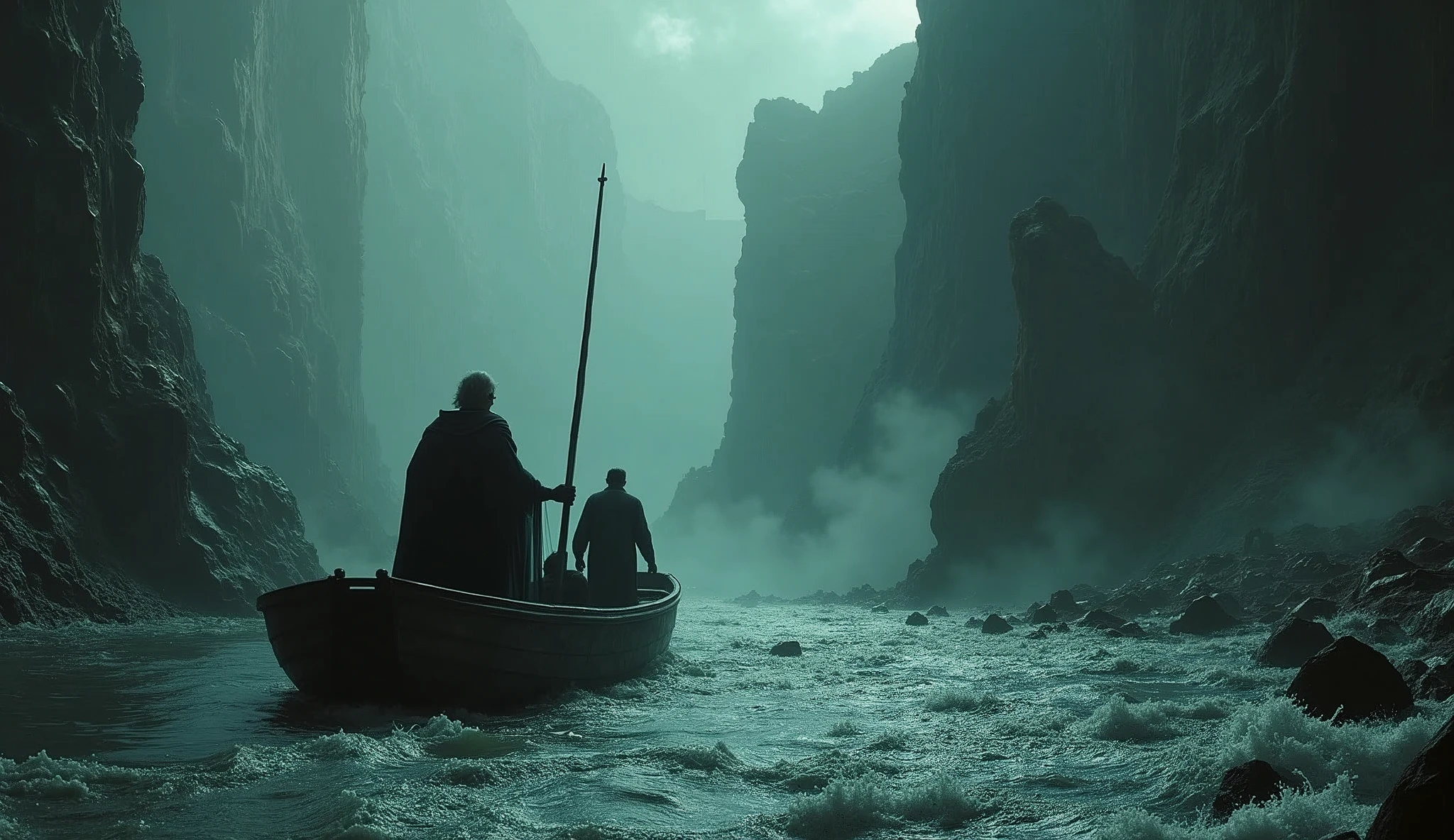 The Acheron is described as a dark and turbulent river, flowing with a grim and unsettling current. The water is murky and foul, reflecting the grimness and despair of the souls who dwell in Hell. It is not a typical river but rather a symbol of the sorrow and punishment that characterize the Underworld.

Charon and the Boat:
Charon: The river is ferried by Charon, the grim and fearsome boatman who transports the souls of the dead across the river. Charon is depicted as an old man with a beard and a stern expression. His role is crucial, as he ensures that the souls are carried to their respective places in Hell.

The Boat: Charon’s boat is often described as large and rough, suited for the grim and ghostly passengers it carries. The crossing of the river is a somber and unsettling experience, with the souls being ferried in silence or with mournful cries.