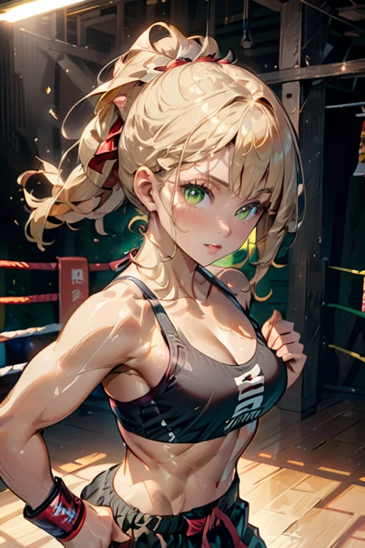 college woman; Athletic and toned physique; naturally attractive with delicate features; long, wavy blonde hair often tied back; striking green eyes; fair skin with a light tan; best quality; soft blur background; trending on artstation; complex volumetric lighting; strong shadows; artistic lighting; dynamic; energetic vibe; realistic skin; specular highlights; micro-textures; highly detailed hair; kickboxing