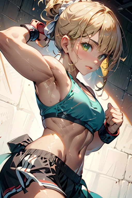 college woman; Athletic and toned physique; naturally attractive with delicate features; long, wavy blonde hair often tied back; striking green eyes; fair skin with a light tan; best quality; soft blur background; trending on artstation; complex volumetric lighting; strong shadows; artistic lighting; dynamic; energetic vibe; realistic skin; specular highlights; micro-textures; highly detailed hair; kickboxing
