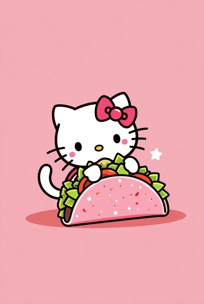 Cat with a pink ribbon collar hello kitty style white eating a pink tortilla taco anime style in the shape of a logo with a pink background