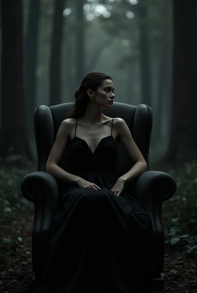 Make a picture of a woman, wearing a black dress, sitting in a dark armchair, in front of a dark forest