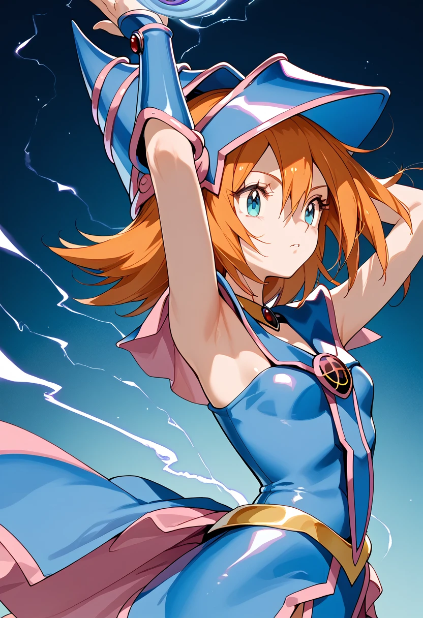 (masterpiece:1.2), (The best quality:1.2), perfect lighting, Misty from Pokemon (dressed as Dark Magician Girl) (arms raised up to cast a spell), floating in the air, neckline, magic background. small chest, Wearing blue robe, big hat, electromancer, electrical energy, ((short orange hair)), (blue eyes), 