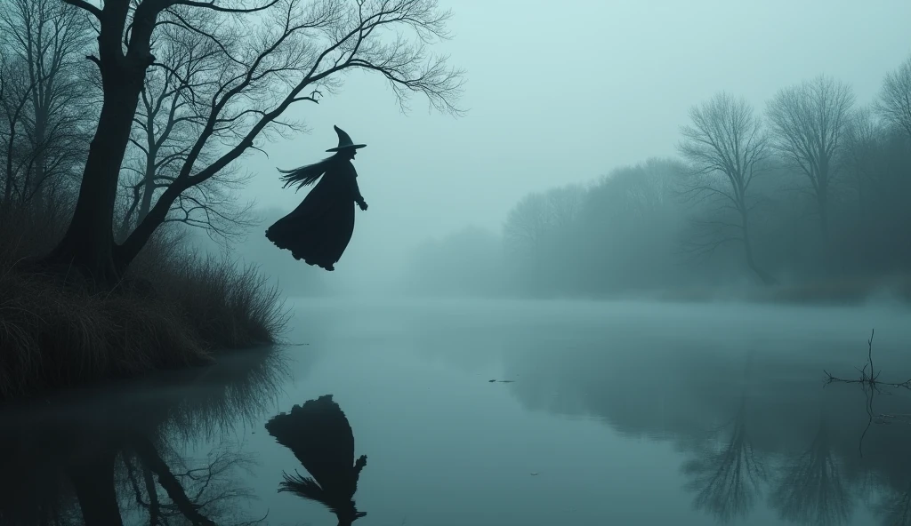 A witch flying low over a misty lake, her reflection visible in the water, with dark, twisted trees in the background, realistic and eerie atmosphere