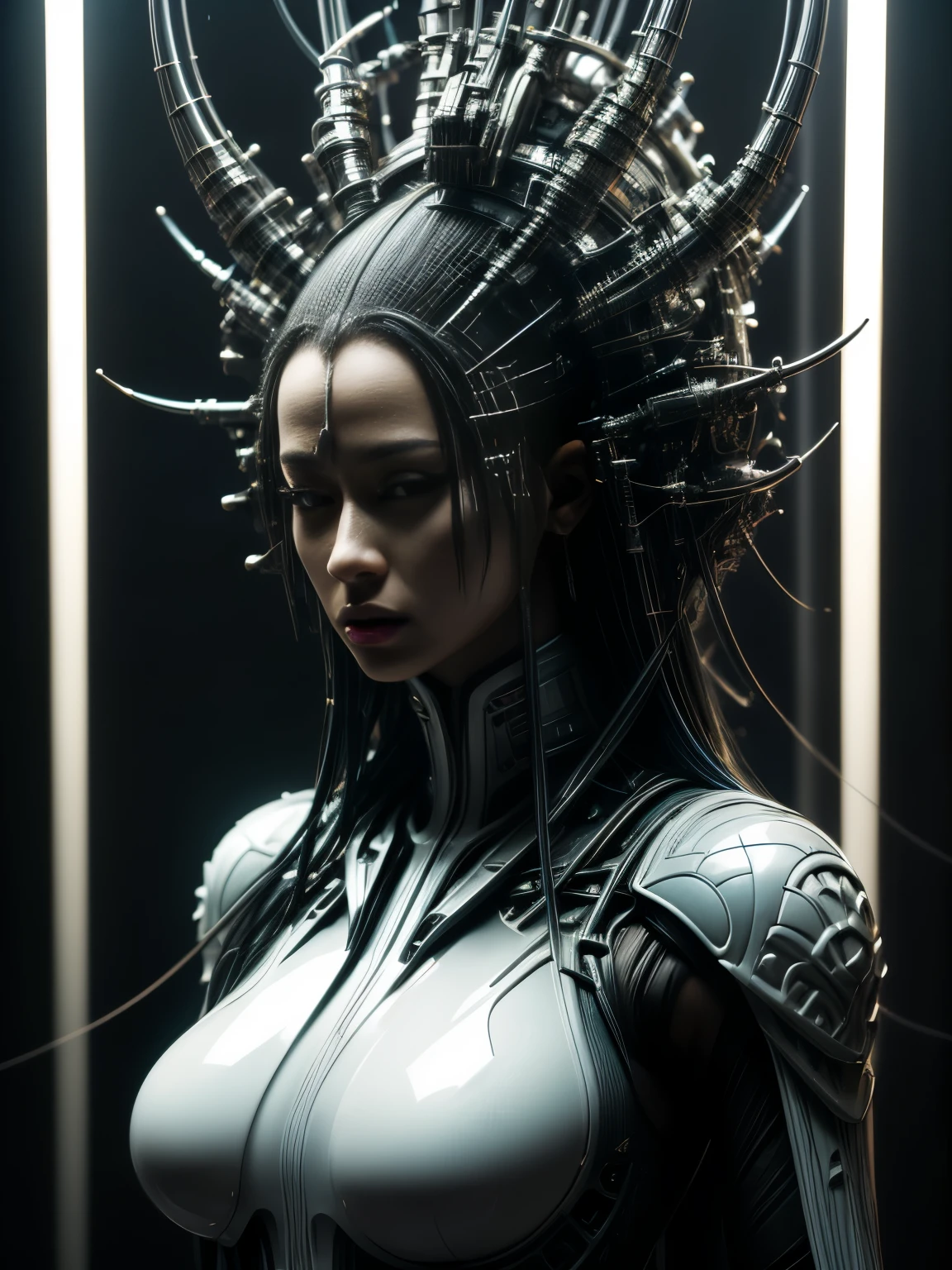Cyberpunk art of one,afofuturism,cyberpunk style,Chinese science fiction,blank background,complicated details, perfect details,A high resolution, structurally correct, intricate patterns,highlight design,science fiction style,The back of the head is covered with tubes.,sense of science and technology,mechanical sense,Fine machinery,Full body photo,contrast of lights and shadows,movie light effect,dynamic blur,actual,photorealistic,meticulous,high contrast,the image is dark,Buddha backlight,structural symmetry,artefantasia,Conceptual art,unreal engine,complex,perfect composition